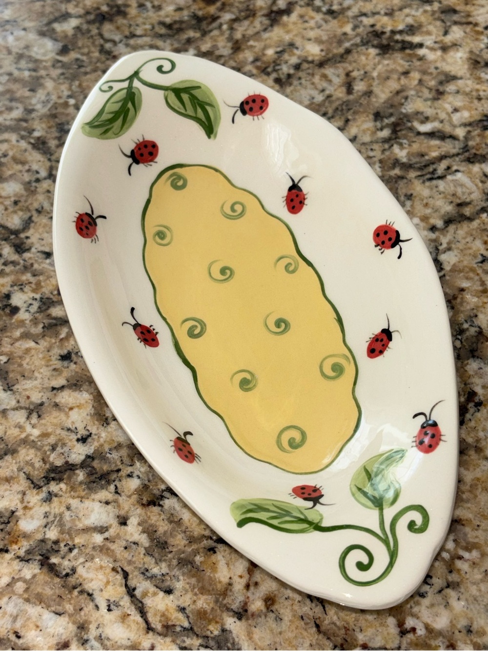 VTG Signed SLR Pottery Cottagecore Ladybug Footed Dish Hand Painted Ceramic
